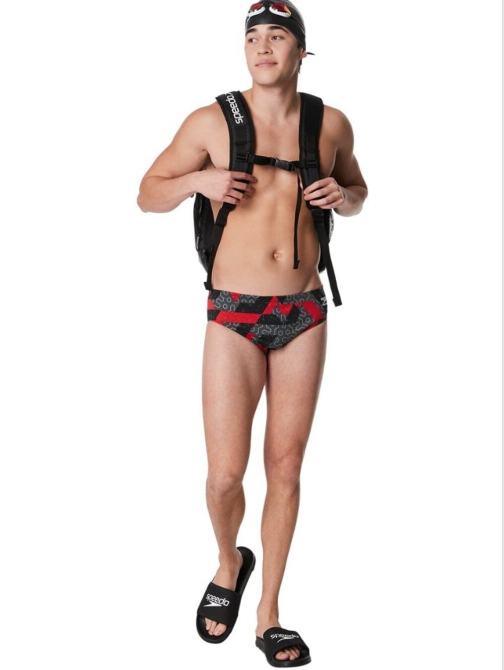 SPEEDO RUSE BLOCKS MEN'S Black & Red Graphic Brief Swimwear SIZE 28 Large NWT